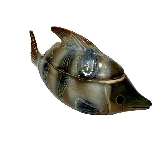 Art Glazed Pottery Fish Trinket Box Bowl With Lid Handmade Unmarked 7" - Picture 5 of 11